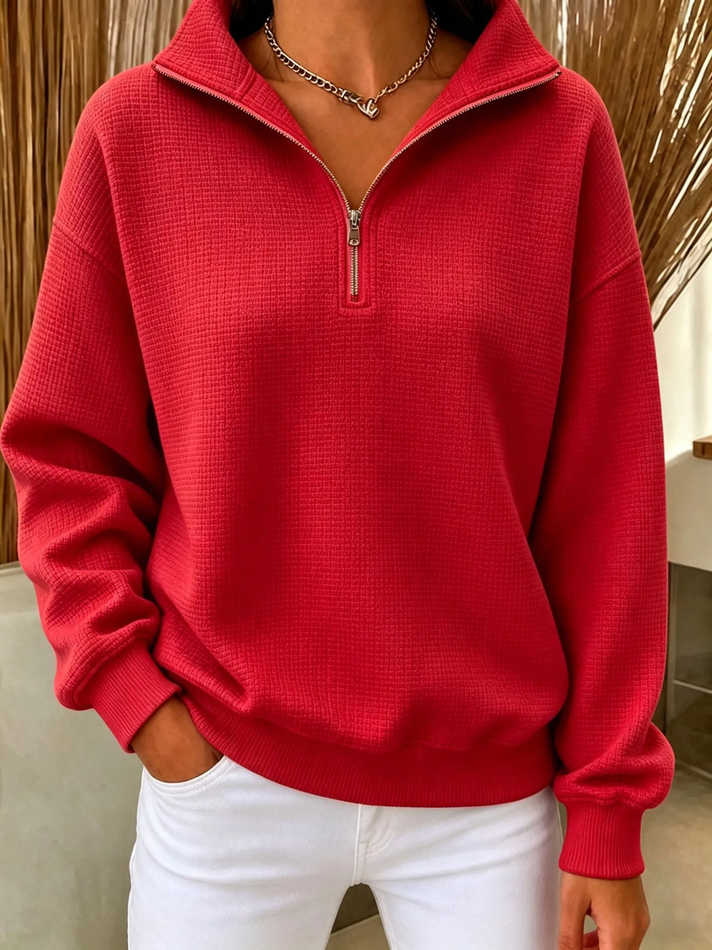 🔥Women's Waffle Knit Quarter-Zip Sweatshirt