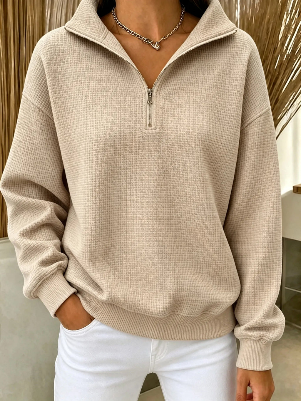 🔥Women's Waffle Knit Quarter-Zip Sweatshirt