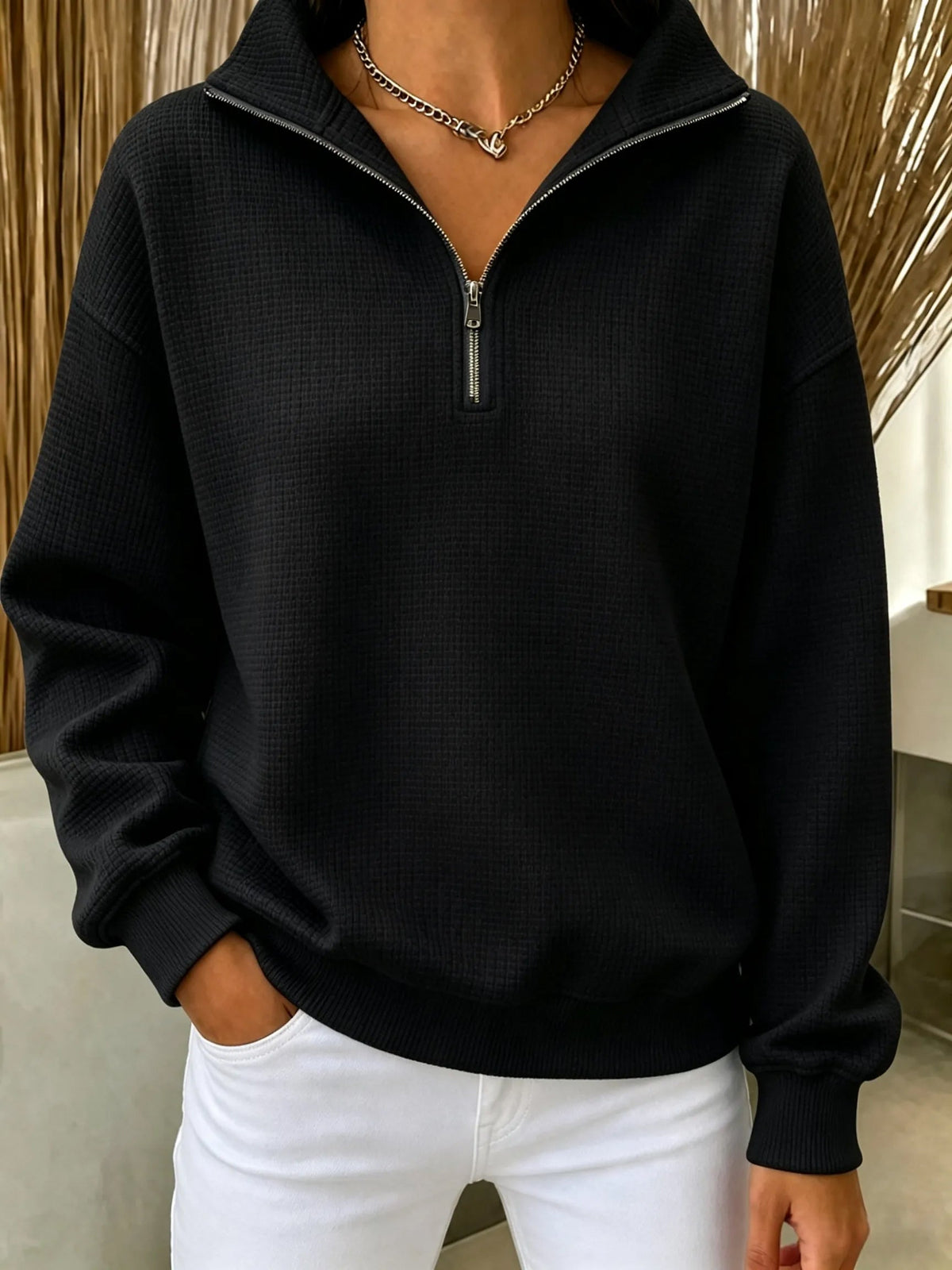 🔥Women's Waffle Knit Quarter-Zip Sweatshirt